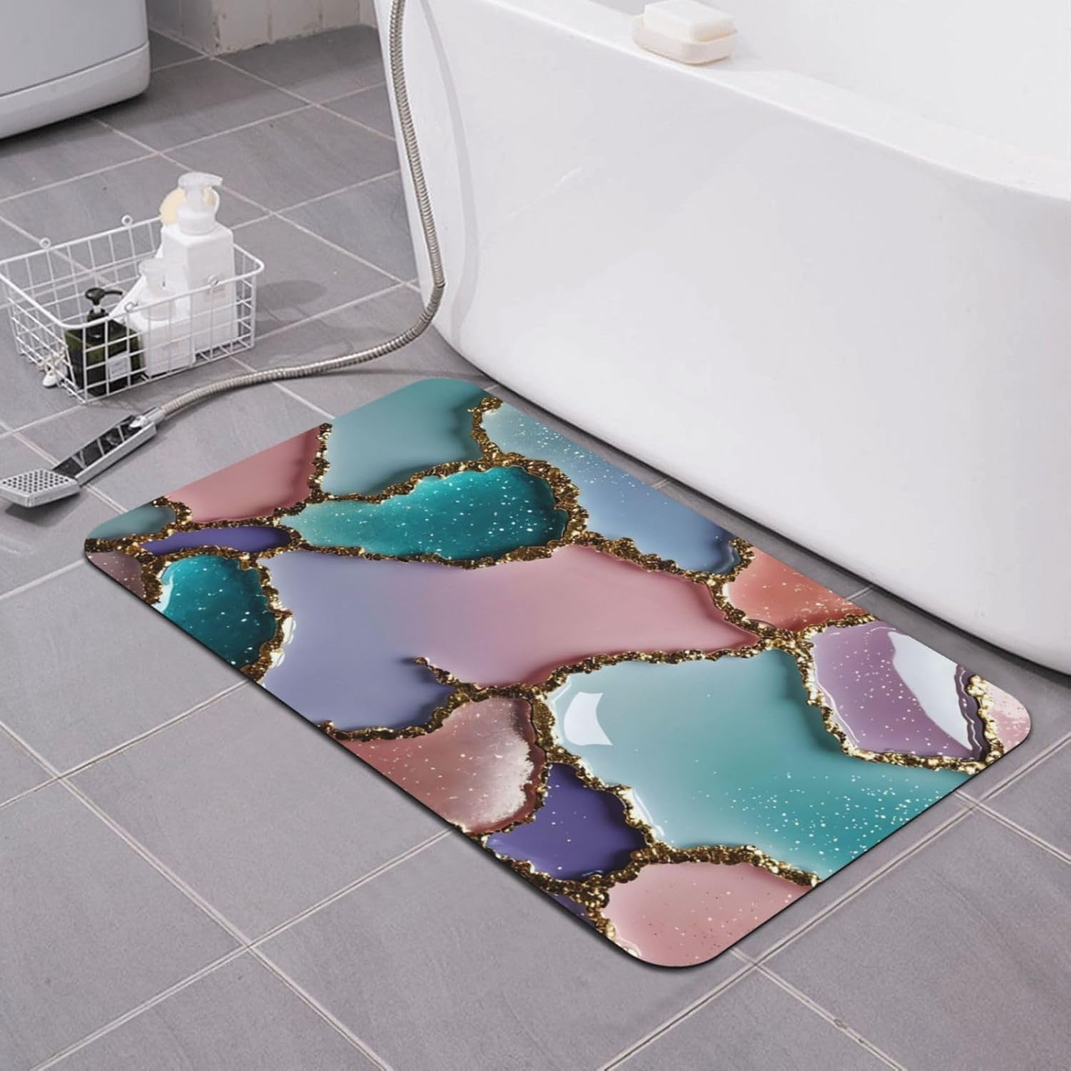 Colorful Agate Stone Bath Mats Quick Dry Absorbent Bath Rugs Rubber Non Slip Bath Mat for Bathroom Floor Tub Shower Sink 16×24